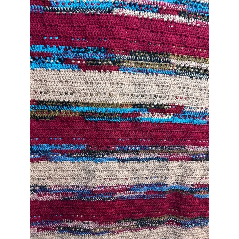 Handmade Crochet Burgundy Teal Taupe Throw Afghan Blanket Stripe Geo 33